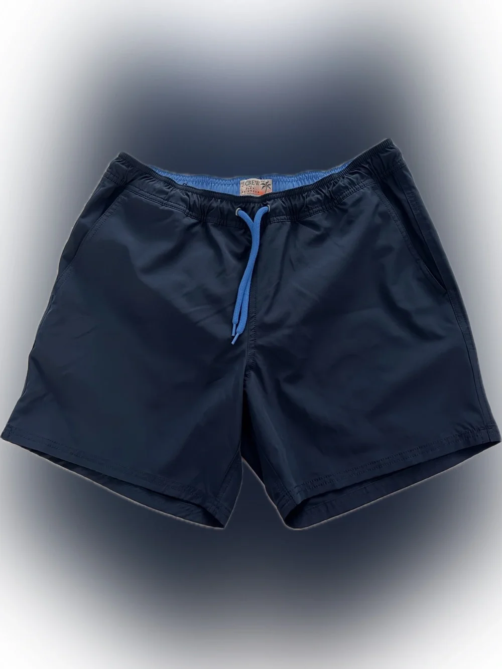J. Crew Men’s Navy Swim Trunks with Light Blue Drawstring and front pockets